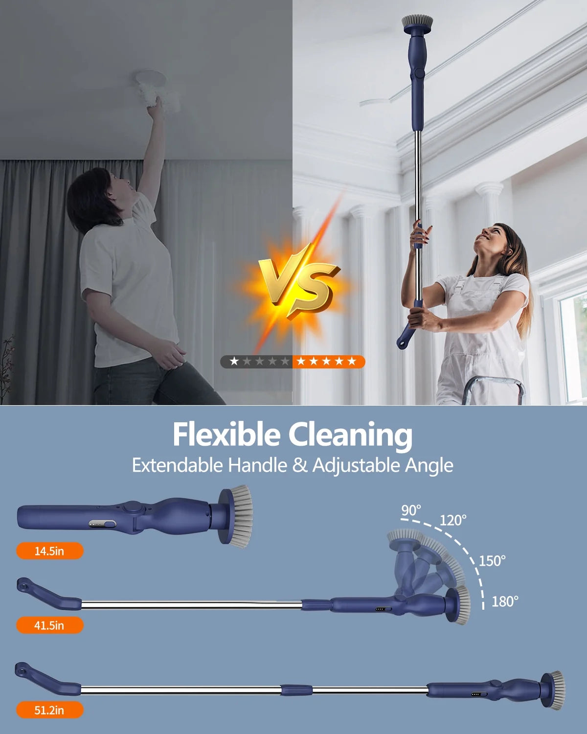 Electric Spin Scrubber, Cordless Cleaning Brush with 8 Replaceable Brush Heads,Extension Handle,Blue Power Cleaning Scrub for Bathroom,Floor Tile,Car