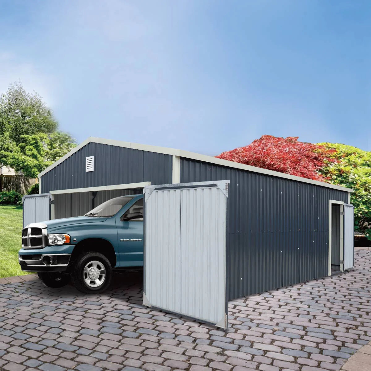 16’ X 24’ Metal Garage Shed with Double Front Doors, 10’ Peak Height, Side Entry Door, 384 Sq-Ft Floor Space, TMG-MS1624