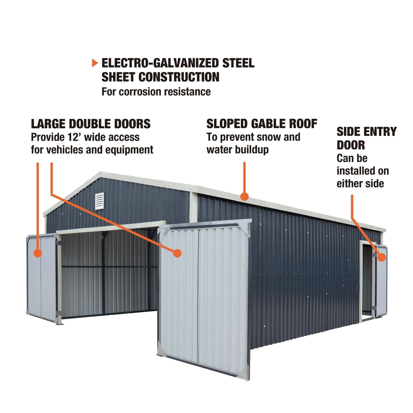 16’ X 24’ Metal Garage Shed with Double Front Doors, 10’ Peak Height, Side Entry Door, 384 Sq-Ft Floor Space, TMG-MS1624