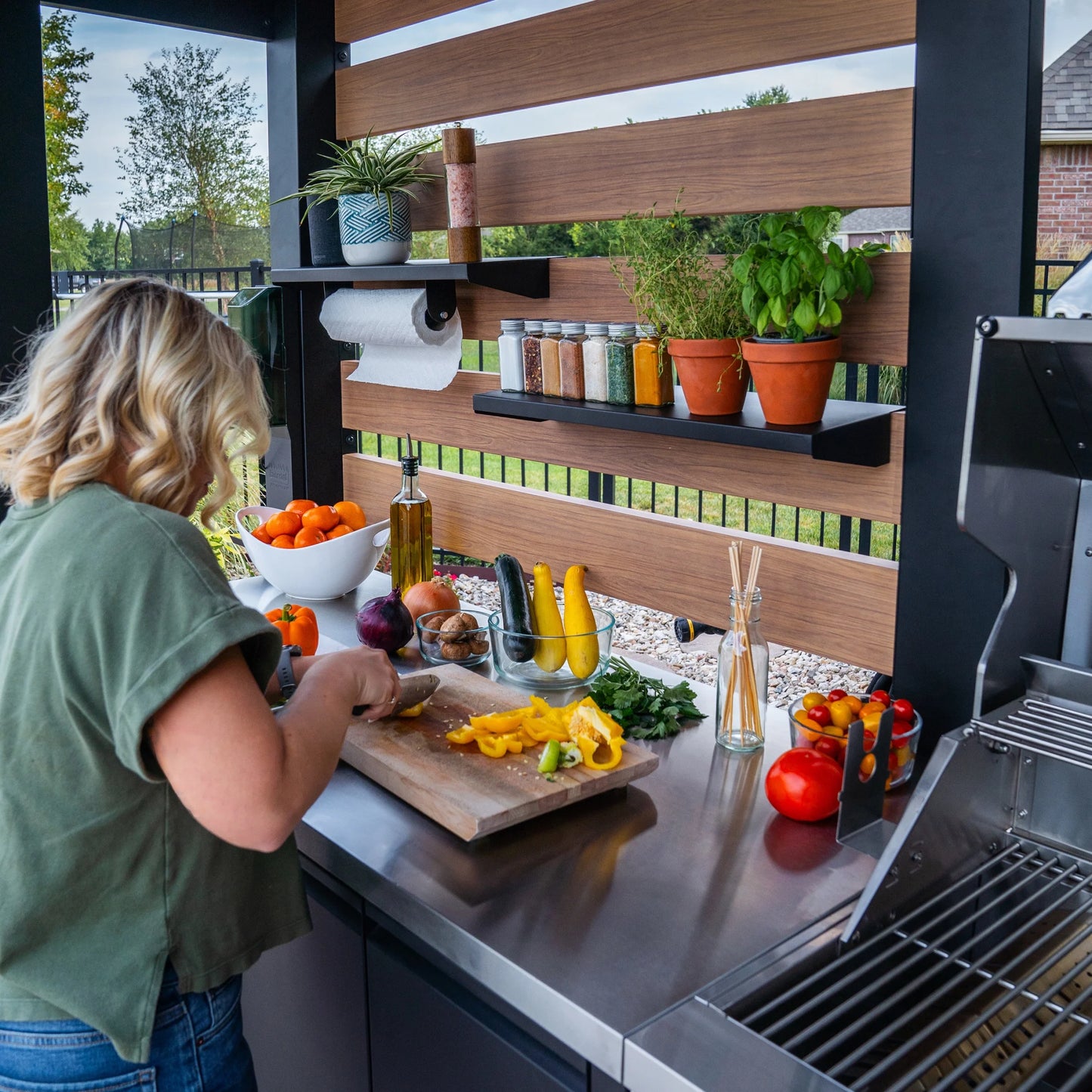 Fusion Flame Galvanized Steel Covered Outdoor Kitchen, Grill, Fridge
