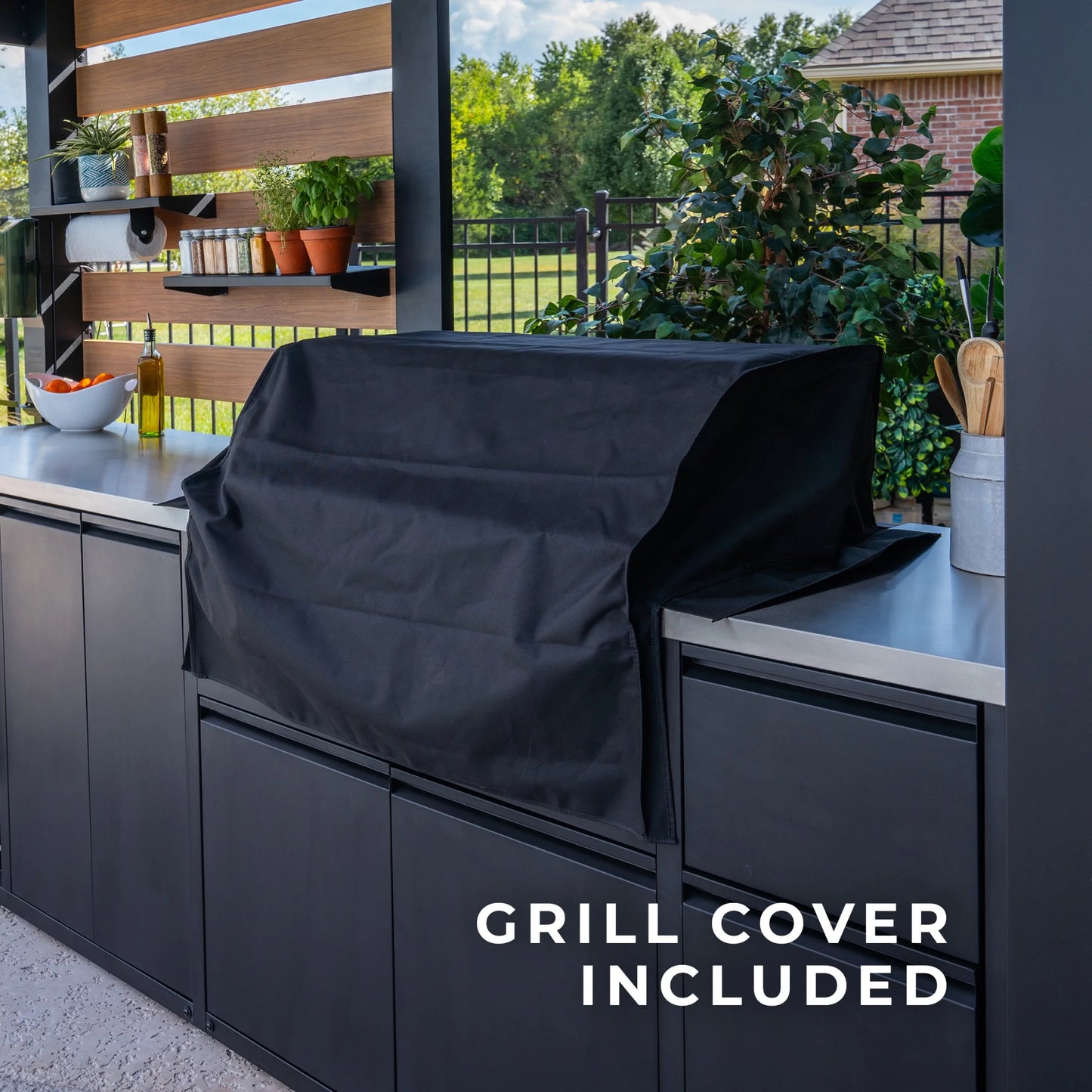 Fusion Flame Galvanized Steel Covered Outdoor Kitchen, Grill, Fridge