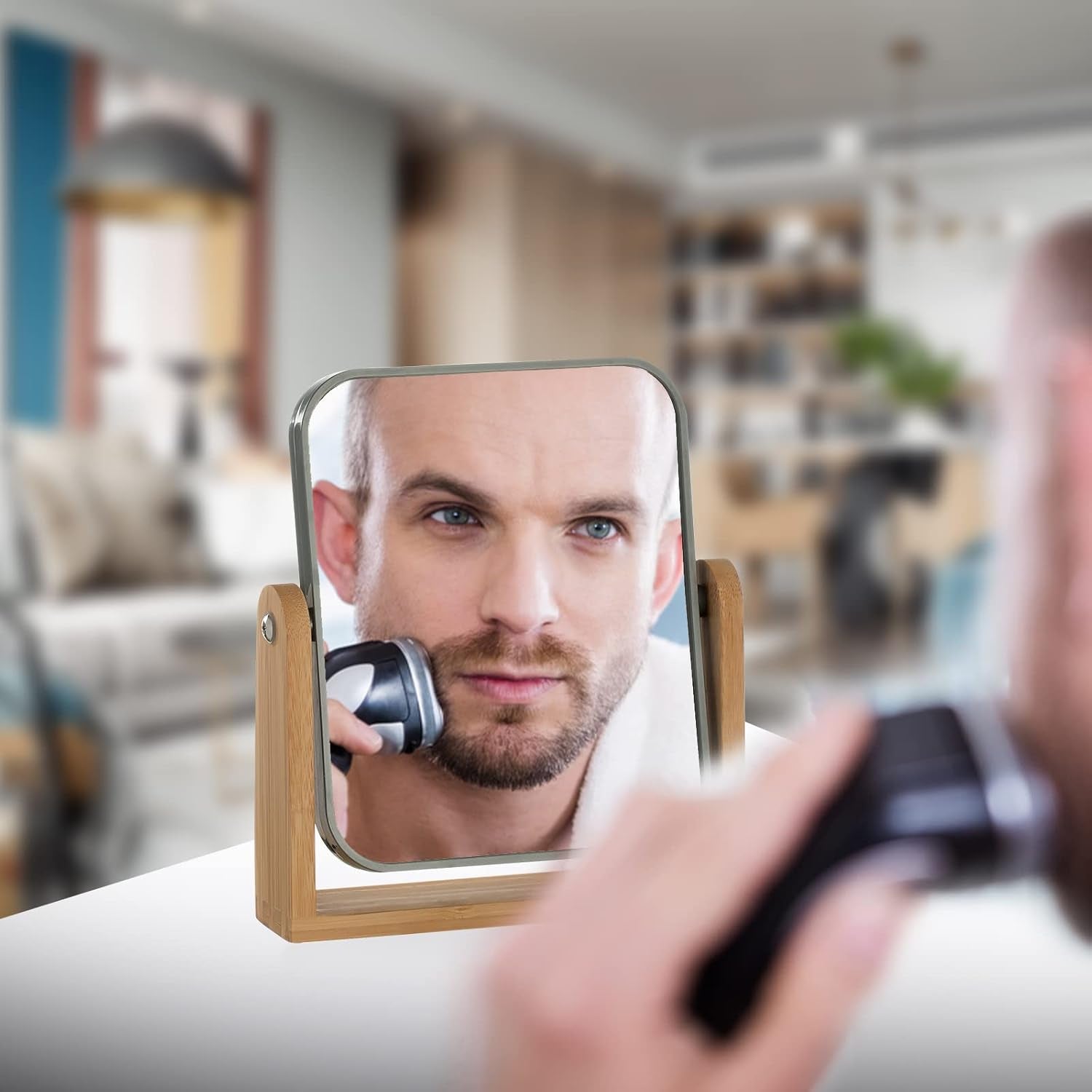 Double Sided 3X Magnifying Makeup Mirror with Bamboo Stand,Small Desk Table Mirror with 360° Rotation,Standing Portable Cosmetic Mirror,Good for Shower,Shaving and Traveling-Grey