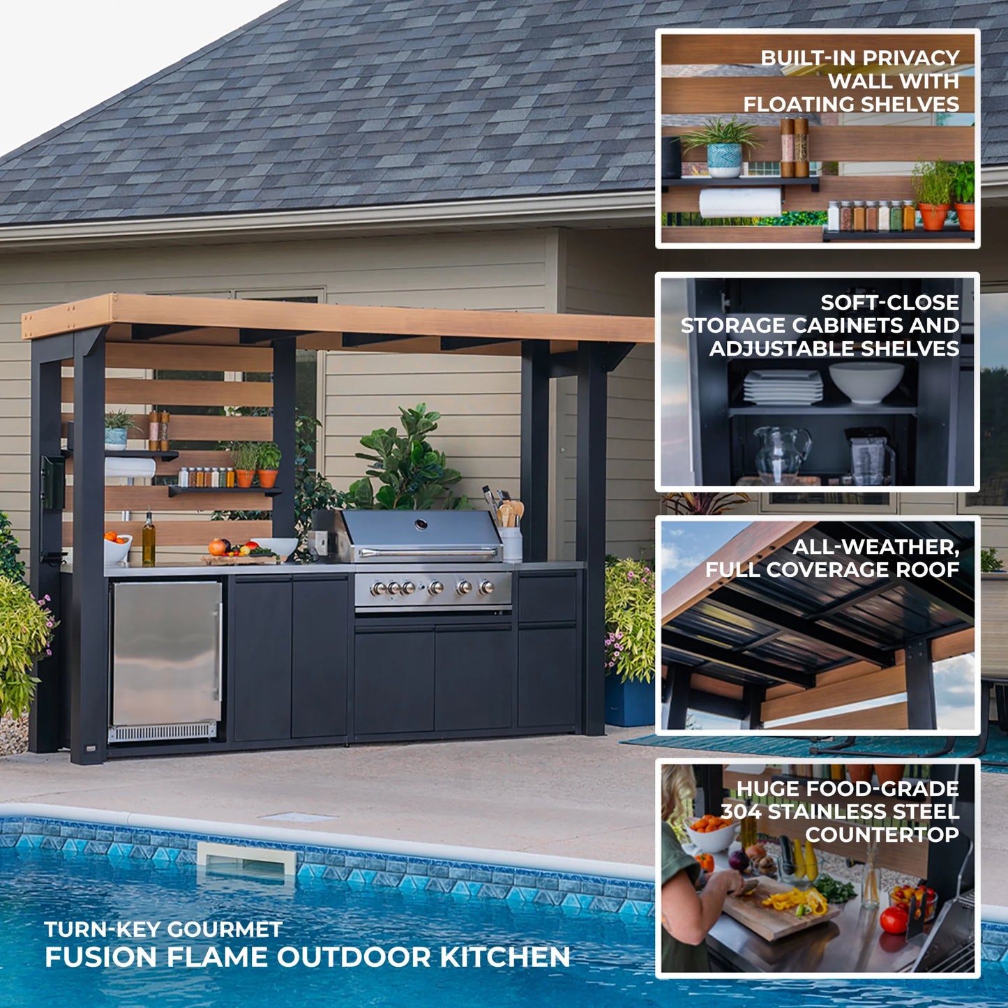 Fusion Flame Galvanized Steel Covered Outdoor Kitchen, Grill, Fridge