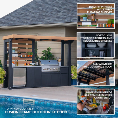 Fusion Flame Galvanized Steel Covered Outdoor Kitchen, Grill, Fridge