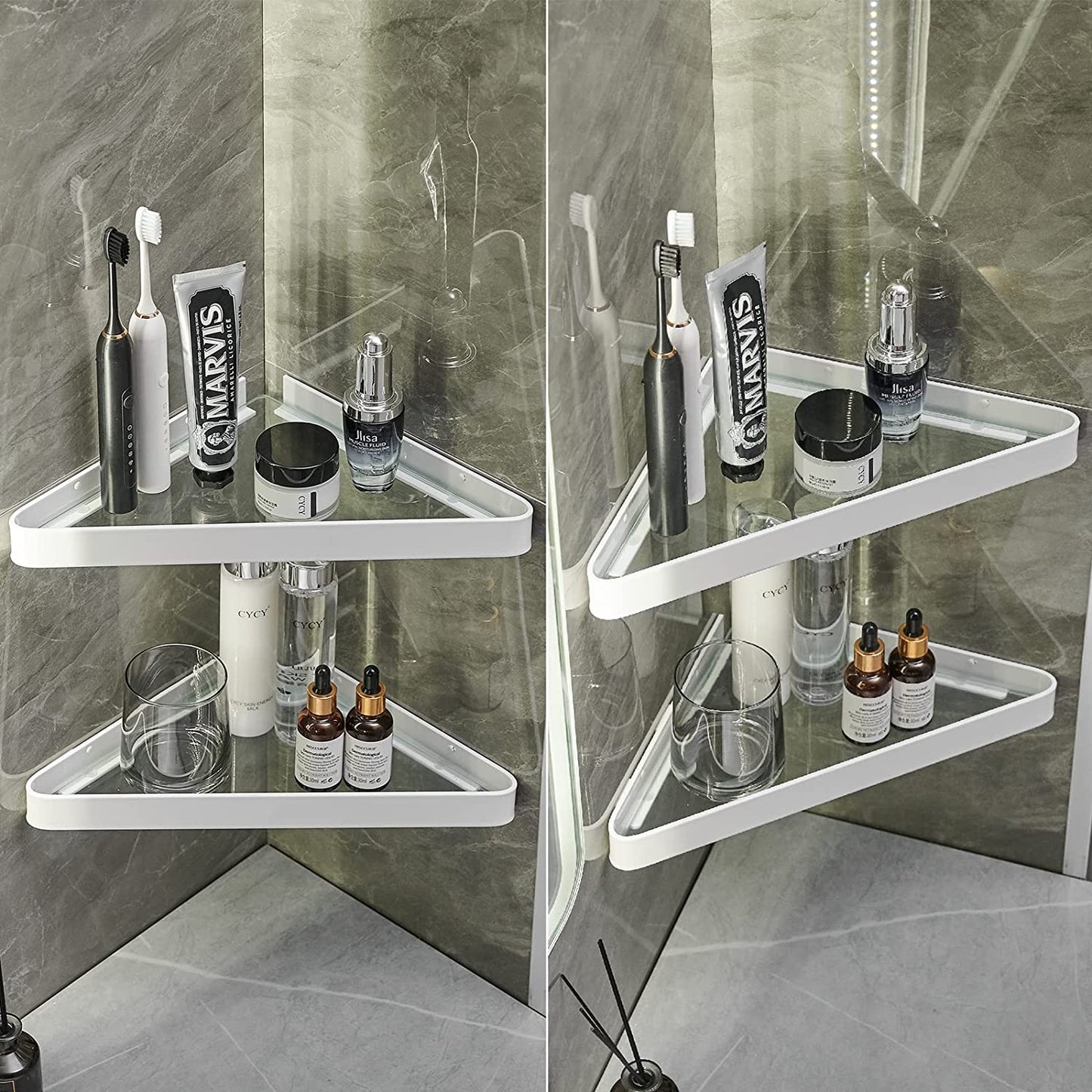 Bathroom Shelves Wall Mounted Glass Corner Shower Shelf for Bathroom Floating Shelf Tempered Glass Wall Organizer 2-Tier(White)
