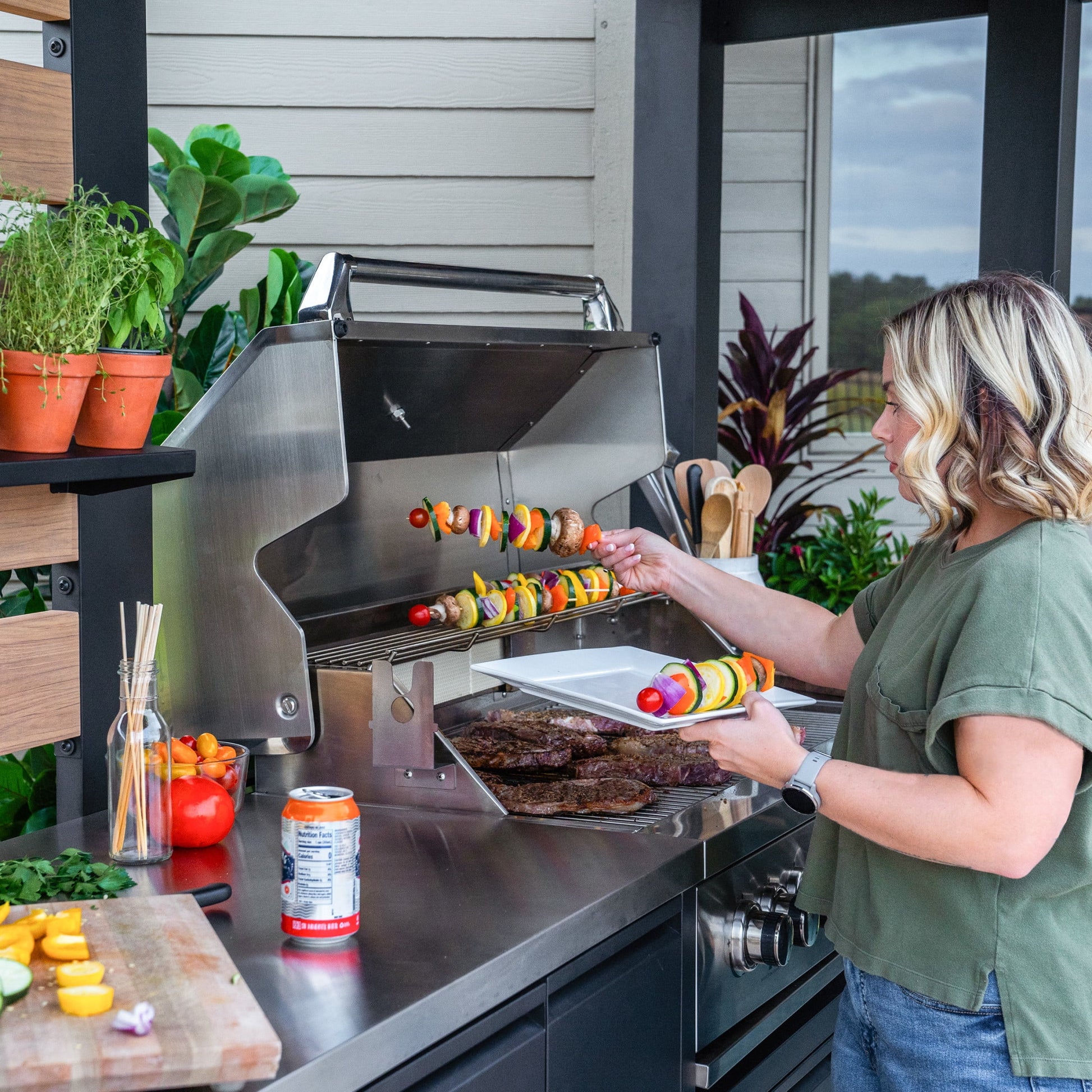 Fusion Flame Galvanized Steel Covered Outdoor Kitchen, Grill, Fridge