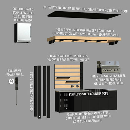 Fusion Flame Galvanized Steel Covered Outdoor Kitchen, Grill, Fridge
