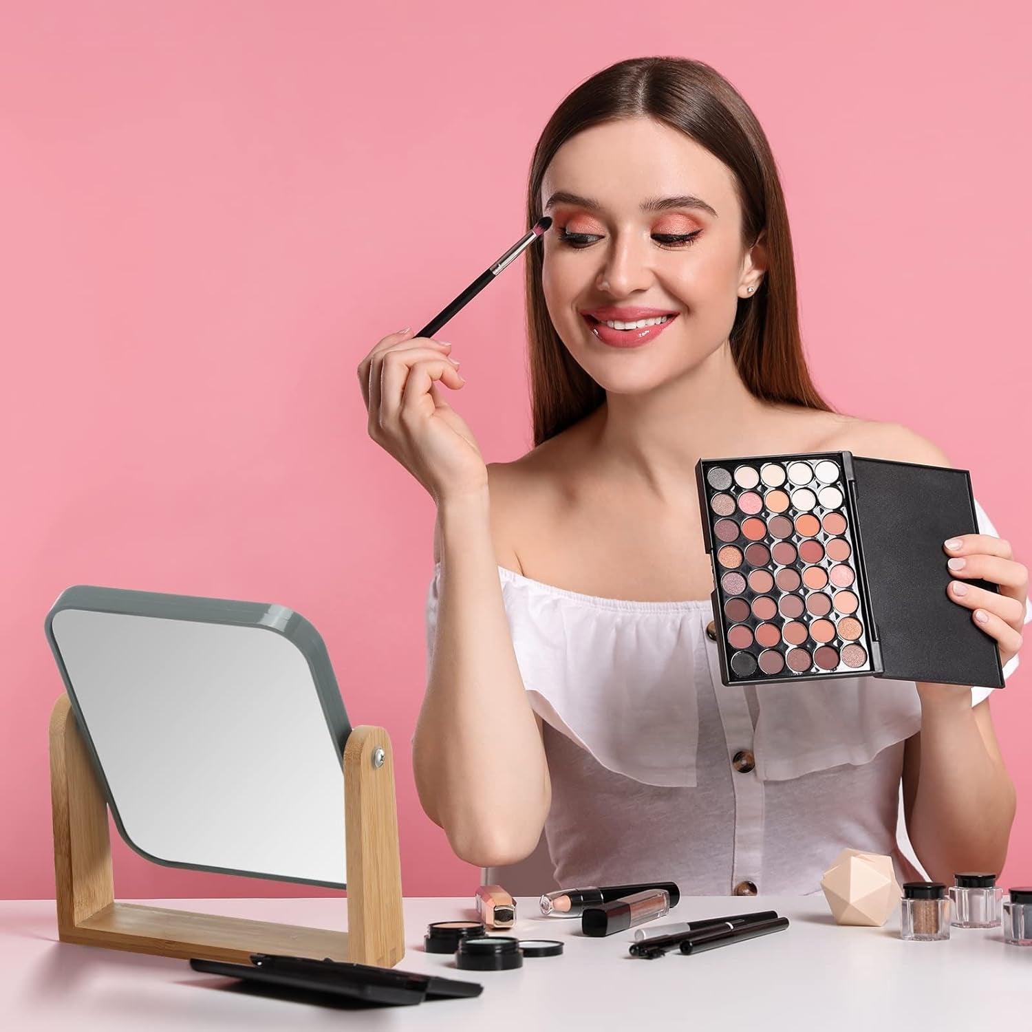 Double Sided 3X Magnifying Makeup Mirror with Bamboo Stand,Small Desk Table Mirror with 360° Rotation,Standing Portable Cosmetic Mirror,Good for Shower,Shaving and Traveling-Grey