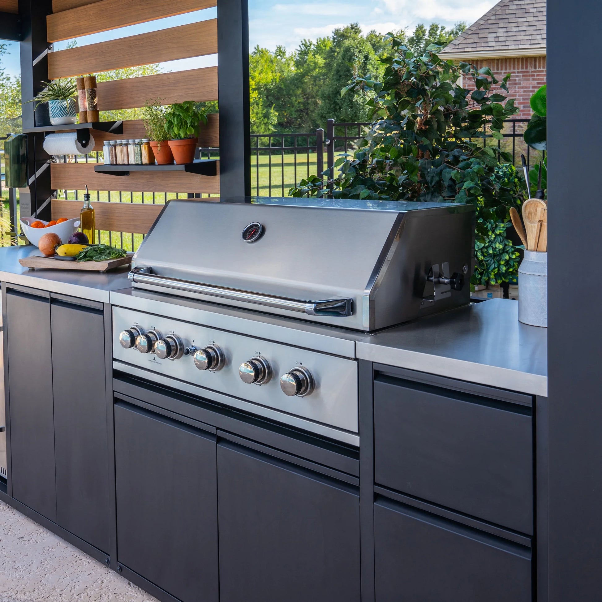 Fusion Flame Galvanized Steel Covered Outdoor Kitchen, Grill, Fridge
